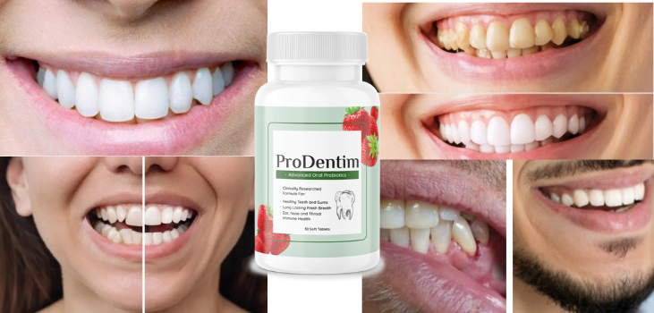 Image of before and after smiles and ProDentim in the middle